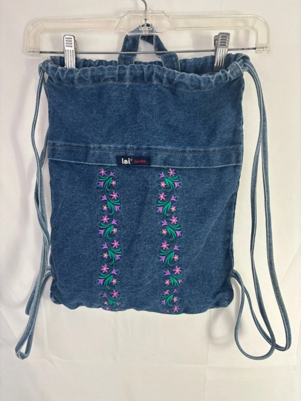 Y2K Embroidered Denim Drawstring Backpack LEI - Picture 1 of 7